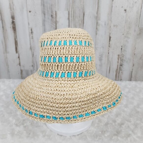 Liz Clairborne Knitted Straw Sun Hat Natural Teal - Picture 1 of 9